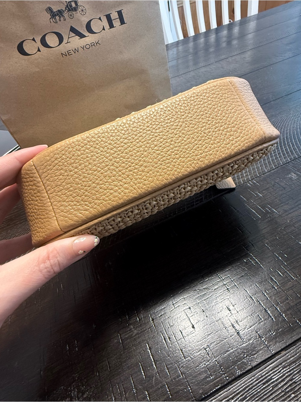 COACH Tan Woven Crossbody with Floral Charm and Adjustable Strap - Picture 3 of 5